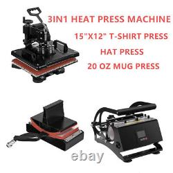 3IN1 Combo Heat Press Machine 12x15 T-Shirt Press With 11oz-20oz Mug Press Hat