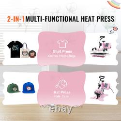 Heat Press Machine 12x10 in 2 in 1 with Hat Press for T-Shirts Caps Pink